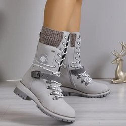 Modische Damen-Thermostiefel mit mittlerer Wade, gestrickt, Spleißen, Schnürung, seitlicher Reißverschluss, All-Match-Outdoor-Stiefel 41 grau