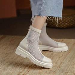 Sommerstiefel aus echtem Leder, atmungsaktive Damen-Sandalen, dünner Stil, Netzstiefel, mittlere Röhre, weiche Sohle, französische ausgehöhlte coole Stiefel, einzelne Stiefel 35 beige