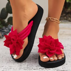 Bestellen Sie eine Nummer größer, Ganzjahres-Flip-Flops mit Blumenverzierung – 1 Stück Damen-Slipper in einfarbiger Urlaubsoptik – Obermaterial aus Stoff, Sohle und Innensohle aus EVA, mittlerer Absatz 39 rot