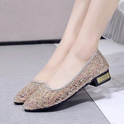 Damenschuhe Sommer Koreanische Version von grobem Absatz Einzelschuhe Damenmode Spitze atmungsaktive Mesh-Bohnenschuhe 40 gold