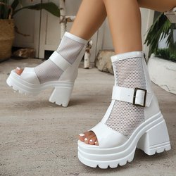 Hohle Leder-Mesh atmungsaktive kühle Stiefel für Damen 2025 Sommer neu atmungsaktive vielseitige kühle Stiefel kurzer Schaft dünne kühle Stiefel für Damen 36 weiß