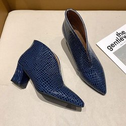 Fahsion Chelsea Boots Damen Herbst Schlangenmuster Kurze Stiefel V Ausschnitt Spitze Dicke Absatz Stiefel 40 blau
