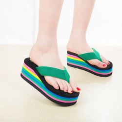 Grüne Flip-Flops Damen Oberbekleidung Hochhackige Hausschuhe Rutschfeste Dickbesohlte Schrägabsatz Leichte Bequeme Strandpantoffeln Modisch Bunt 35