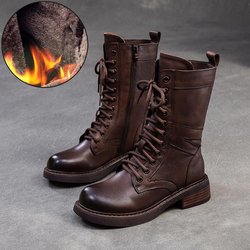 Johnature Britischer Stil Niedrig Absatz Mid-Calf Stiefel Retro Echtes Leder SchnĂĽrschuhe Damenschuhe 39-Plush