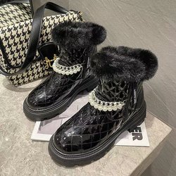 Winter-Schneestiefel für Damen, Outdoor, flache Sohle, superdick, kältebeständig, allgleiches, glänzende Schneeschuhe für Studenten 35