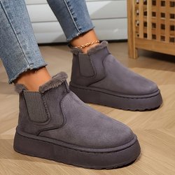 Flauschige Stiefel für Damen in Volltonfarbe, Plateaustiefel mit weicher Sohle und Fleecefutter, rutschfeste warme Winterstiefel aus Plüsch 42 dunkelgrau