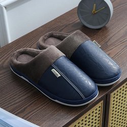 Männer Frauen Wasserdichte PU Leder Winter Warme Plüsch Hause Schuhe Hausschuhe Indoor Anti-Skid 42-43 dunkelblaue