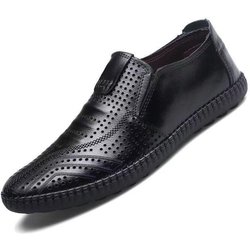 Herren Sommer Lederschuhe Atmungsaktive Hohl PU Schuhe Slip on Weiche Sohle Freizeit Lederschuhe Bequeme Fahrschuhe Freizeit Runde Zehen Verschleißfest 39 schwarz