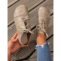 Damen-Halbschuhe, Retro, runde Zehenpartie, flache Halbschuhe, Schnürschuhe, lässige Sneakers, flach, bequem, rutschfest, für Damen 42 beige