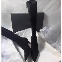 Spitze Zehen Kniehohe Stiefel Sexy Oberschenkelhohe Stiefel Damen Seitenreißverschluss Wildleder Elastisch Hohe Absätze Moderner Schuh Zapatos De Mujer 37