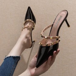 Frau Schuhe mit hohen absätzen Patent Leder Spitz Niet Dekoration Sexy Büro Dame Mode High Heel Sandalen 37 schwarz