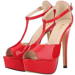 Damen Plateau High Heel Sandalen Sexy Peep Toe Knöchelriemen Stilettos Pumps T-Riemen Party Hochzeitsschuhe Schuh 42 rot