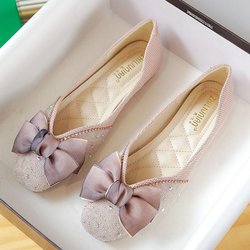 Damenschuhe mit quadratischem Kopf, einzelne Schuhe, solide, niedrige Absätze, Netzstoff, Schleife, flacher Absatz, rutschfeste, flache Bohnenschuhe 40 rosa