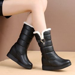 Verdickte, warme Schneestiefel aus echtem Leder, rutschfeste mittelgroße Stiefel mit dicker Sohle für Damen, hoch sitzende Baumwollschuhe aus Plüsch, Herbst und Winter 36 schwarz