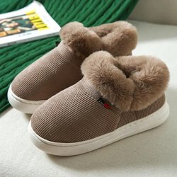 Baumwoll-Hausschuhe für Damen, mit dicker, weicher Unterseite, rutschfest, warme Baumwoll-Spitzenabsatz-Plüschschuhe für den Winter 36/37 braun