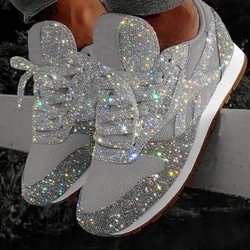 Glänzende Glitzer Sportschuhe atmungsaktiv Bling Casual Sneakers Damen Frühling Sommer Damen rot blau Komfort Schnürlaufschuhe 37 silber