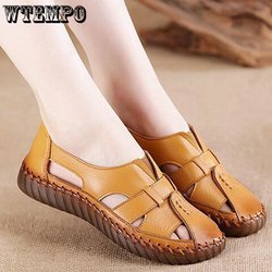 Sommerschuhe aus Rindsleder für Damen, große Größe, rutschfest, Vintage, nationaler Stil, flache weiche Unterseite, echtes Leder, ausgehöhlt, einzelne Damenschuhe 39 gelb