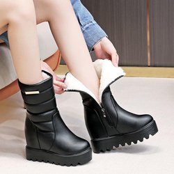 Winter Leather High-tube Plus Velvet Snow Boots, Women's Cotton Shoes, Increased Short Boots, Wedge-heeled Zipper Mid-tube Boots 33 schwarz