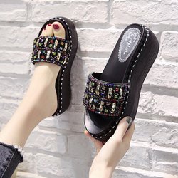6cm hochhackige Strass-Hausschuhe Damen Sommerkleidung Allgleiches Nieten Dicksohlen Einwort Drag Schuhe mit hohen Absätzen Kristall Pailletten 35