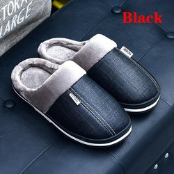 Männer Frauen Wasserdichte PU Leder Winter Warme Plüsch Hause Schuhe Hausschuhe Indoor Anti-Skid 44 schwarz