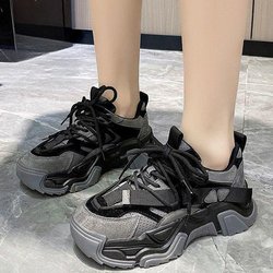 Damenschuhe aus echtem Leder, Plateau-Sneakers mit Mesh-Oberfläche, atmungsaktiv, Frühlings- und Herbst-Sportschuhe für Damen 39 schwarz