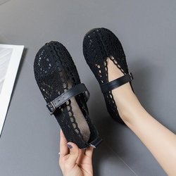 Stoffschuhe Damen Flache Schuhe mit Hohllöchern Sandalen Rutschfeste Erbsenschuhe Damen Casual Schnalle Bequeme Flache Schuhe 35