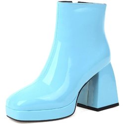 Mode Patent Damen Stiefeletten Rot Weiß Schwarz Blockabsatz Kurze Stiefel Damen Reißverschluss Herbst Winter Party Schuhe Damen Große Größe 45 40 himmelblaue