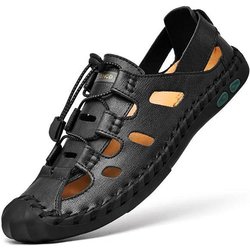 Herren Zehensandalen aus echtem Rindsleder, Outdoor-Freizeitsandalen, Strandschuhe, Lochsandalen, Römerschuhe, wasserdichte Sport-Sandalen 38 schwarz