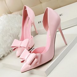 BIGTREE Mode Süße Schleife High Heels Feiner Absatz 10,5 cm Hoher Absatz Flacher Mund Spitze Seite Hohle Einzelschuhe 38 rosa