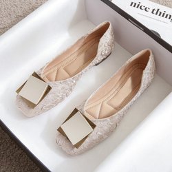 Sanfter Stil, quadratische Zehen, flache Schuhe für Damen, französischer Sommer, weicher Boden, atmungsaktiv, rutschfest, einfarbig, vielseitige Lederschuhe 40 beige