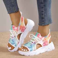 2024 Damen Batik-Strick-Sportsandalen, Peep-Toe-Schnürschuhe mit Ausschnitten, bequeme Slingback-Plateausandalen 40 bunt
