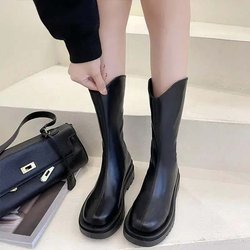 Mittelgroße Lederstiefel für Damen, schwarze Stiefel aus weichem Leder mit rundem Kopf, dicker Sohle, flacher Sohle, erhöhter rutschfester Reißverschluss auf der Rückseite, englischer Stil 40 schwarz