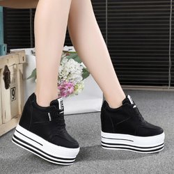 12 cm Endogenous Elevation Kleine weiße Schuhe Damen-Sportschuhe mit dicker Sohle und Spitzenkeil 38 schwarz