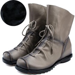 Echtes Leder Damen Stiefel mit Fell Weiches Rindsleder Damen Winterschuhe Stiefeletten 38 grau