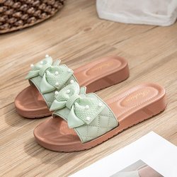 Damen Sommer Casual Strandschuhe Beliebte Schleifen Oberbekleidung Ein-Wort-Hausschuhe Rutschfeste modische Sandalen und Hausschuhe 40 grün