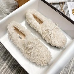 Mode Damen Winter Fellschuhe Neue Mokassins Weiche Flache Rutschfeste Slipper Mode Komfort Warm Plüsch Slip-on Damen Baumwolle Ballerinas 33 weiß