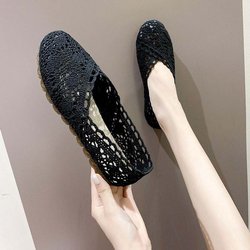 Mesh-Schuhe Atmungsaktive Mesh-Sandalen Damen Stoffschuhe Weiche Sohle Flache Sohle Schuhe Vintage Cut-out-Design Schlichter Casual-Style Frühling Sommer 39 schwarz