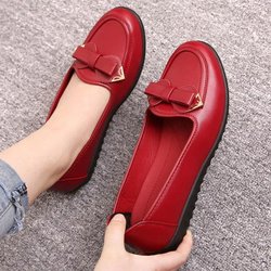 Damenschuhe aus weichem Leder mit weicher Unterseite, Schleife, flacher Mund, Damenschuhe, flache, rutschfeste Einzelschuhe aus Leder für mittleres und älteres Alter 35