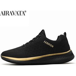 Herren- und Damen-Strick-Sneaker, ultraleicht, atmungsaktiv, für Sport, Laufen, Gehen, Fitnessstudio 45 schwarz/gold