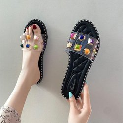 Hausschuhe Damen Sommer Flache Unterseite Strand Sandalen Hausschuhe Ausgehen Rutschfeste Flip-Flops Mode und Freizeit All-Match 36 schwarz