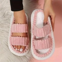 Damen Plüsch Hausschuhe mit Doppelriemen, Einfarbig Offene Zehenpartie Rutschfest Bequeme Pantoletten Schuhe, Mode Indoor Plateau Hausschuhe 42-43 rosa