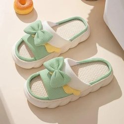 Leinenpantoffeln für Damen, bequeme rutschfeste Hausschuhe aus Baumwolle, süße flache Slipper mit Schleife, für Paare, Frühling und Sommer 40-41 grün