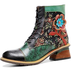 Johnature Plateaustiefel aus echtem Leder, Schnür-Damenschuhe, Blumenmuster, runde Zehen, Nähen, Prägung, Stiefeletten 40 grün