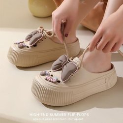 Niedliche Hausschuhe mit hohler Schleife für Damen, Sommer, Neuankömmling, Plateau-Pantoletten mit dicken Sohlen, offene Zehenpartie, Clogs für drinnen und draußen, Hausschuhe mit Schleife 40-41 khaki