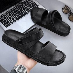 Herren Sommermode Zweiteilige Hausschuhe Strand Flip-Flops Männer Tragen Leichte Sandalen Draußen Einfarbig Flache Ferse 44 schwarz