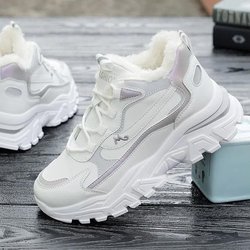 Plüsch-Sneakers Damen-Baumwollschuhe Student-Schneestiefel und Sportschuhe Vielseitige Student-High-Top-Schuhe Damenschuhe im Winter 38 weiß
