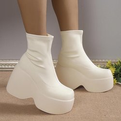 Modische kurze Stiefel mit 12 cm hohem Absatz für Damen, sexy, klobige Plateaustiefeletten aus weichem Leder, bequeme Punk-Schuhe mit Matsuke-Sohle 38 beige