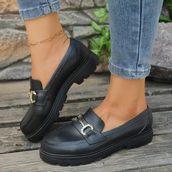 Damen Metallic Slipper mit dekorativen Schnallenriemen - Slip-On Rundzehen Bequeme Schuhe für Alle Jahreszeiten 39 schwarz