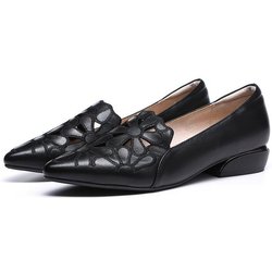 Khakifarbene, weiche Lederausschnitte, bestickte Einzelschuhe für Damen, Sommer und Herbst, spitze Schuhe mit niedrigem Absatz, atmungsaktive, vielseitige Sandalen 35 schwarz