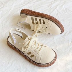 Verdickter Boden, runder Kopf, hohle Sandalen, römische Schuhe für Damen, einfache lässige Lochschuhe, Retro-Literaturstil, Klettverschluss-Öffnung, Sommer 40 beige